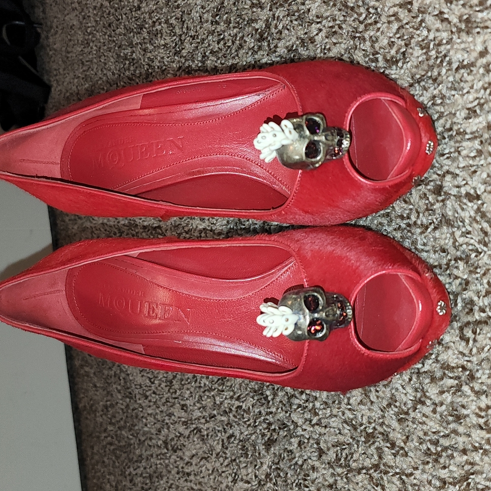 Alexander McQueen red pony hair heels